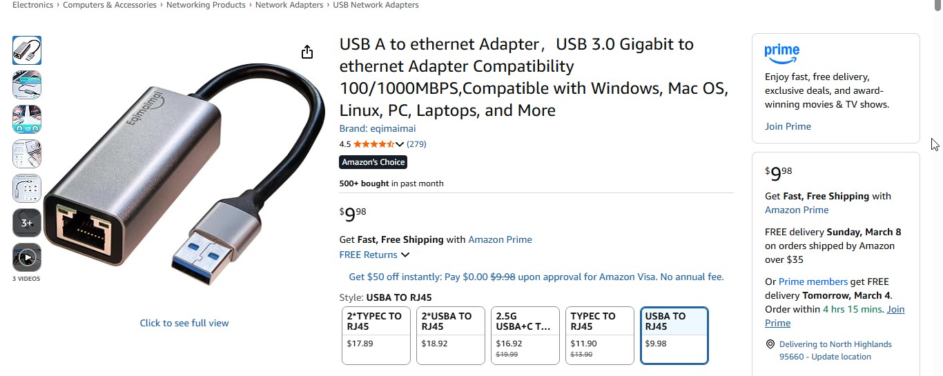 USB A to ethernet Adapter